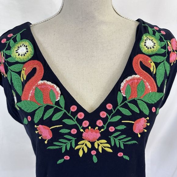 Boden Marcia Festival Boho Flamingo Embroidered V Neck Top Size 6  Shirt Blue - Picture 3 of 7